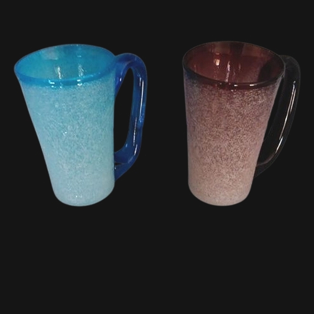 Mexican Hand Blown Crackle Glass Blue and Brown Dining Mugs 12oz
